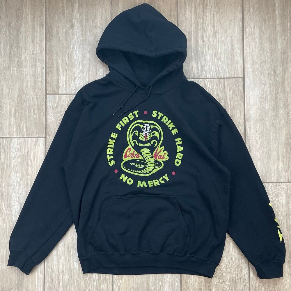 Cobra Kai Hoodie Men's M Black Strike First No Mercy Graphic Pullover Sony 2021